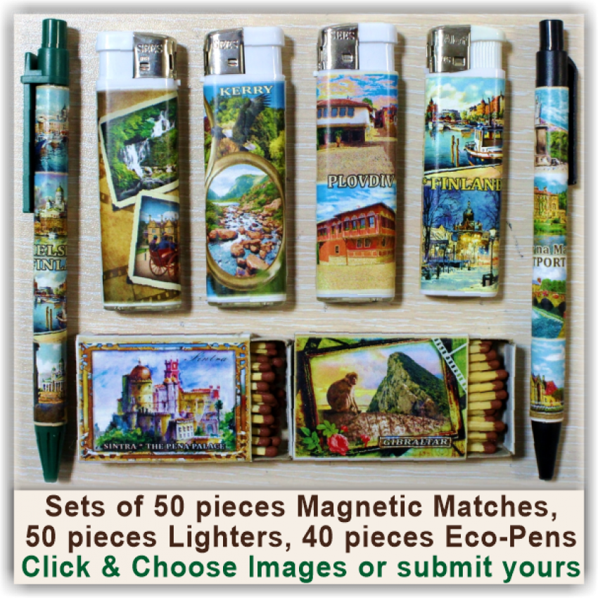 13 Sets of Eco-Pens, Lighters, Matches, Keychains 13